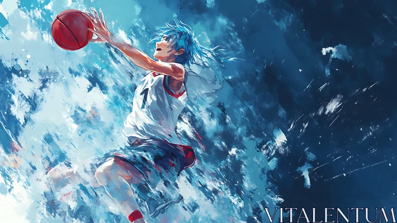 Sky-slicing anime baller leaps through stormy blue paintstorm.