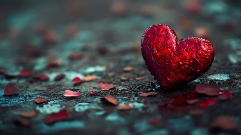 Crimson heart rests on textured ground with scattered petals