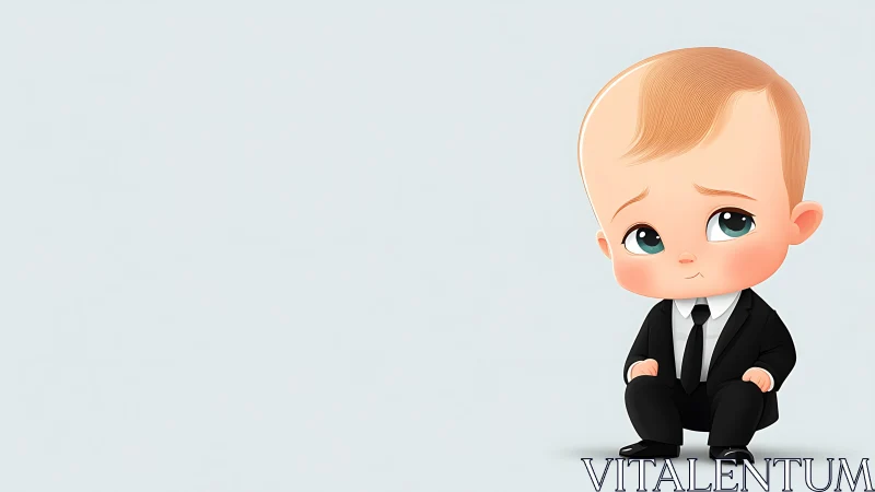 Digital illustration shows suited cartoon baby on pale background