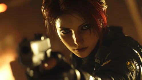 Tactical redhead operative aiming pistol under warm keylight