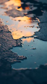 Street puddle cradles sunset embers in fractured asphalt mirror.