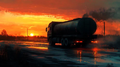 Diesel tanker hums homeward beneath a melting fire-sky