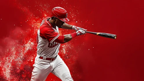 Powerful baseball swing bursting with bold red energy.