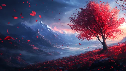 Crimson tree contrasts glacial mountain range under storm sky