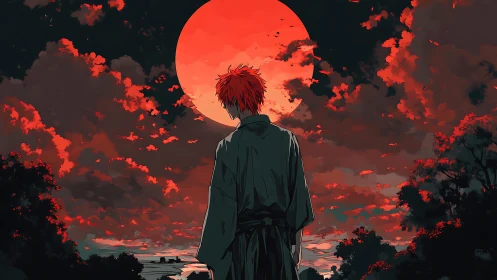 Solitary red‑haired figure under oversized crimson moon at dusk