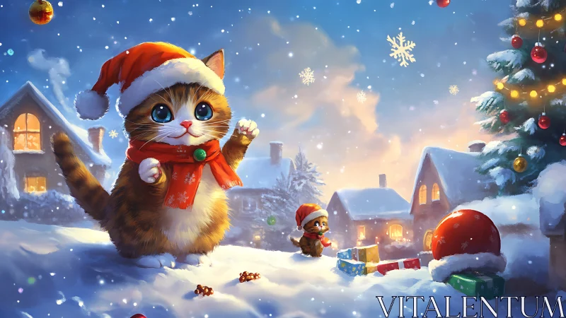 Festive kitten in snowy village rendered as luminous digital painting