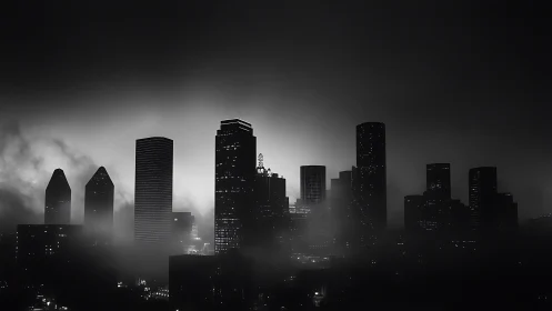 Urban high rise skyline is partially obscured by dense fog