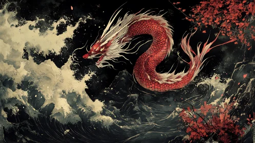 Red oriental dragon coils above stormy dark ocean waves.