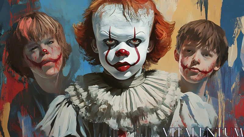 Haunting clown trio painted with bold, theatrical flair.
