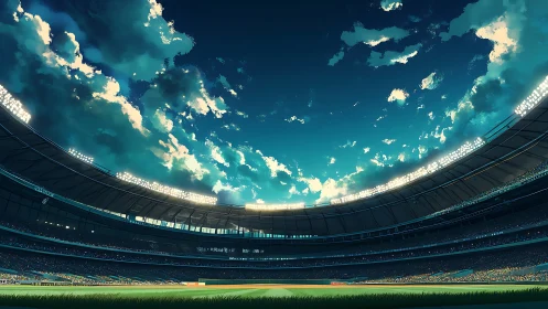 Curved stadium panorama captures twilight sky over lit field