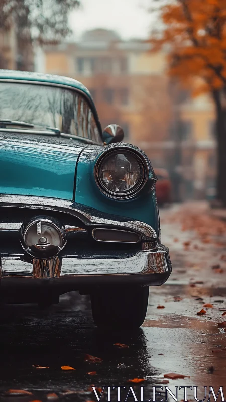 Teal vintage sedan front detail on wet autumn city street
