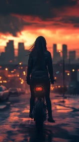 Motorcyclist silhouette at dusk on wet city street, rear view