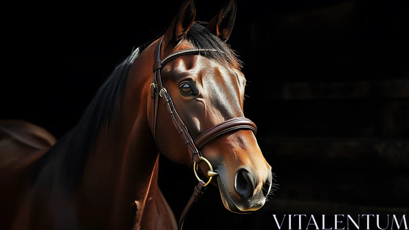 Side profile of bay horse in bridle against dark background.