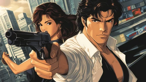 Dynamic anime duo aiming handgun in stylized urban skyline