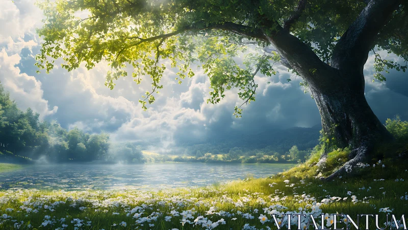 Sunlit lakeside tree arching over serene wildflower meadow.