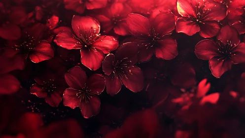 Luminescent Red Cherry Blossoms with Backlighting Volumetric Effects.