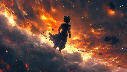 Saiyan warrior strides through blazing storm clouds