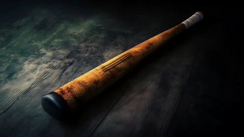Wooden baseball bat on textured dark surface in light.