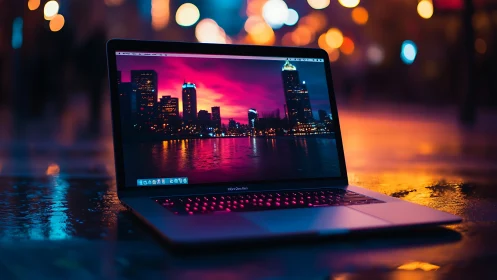 Neon city skyline hums softly inside a streetlit laptop