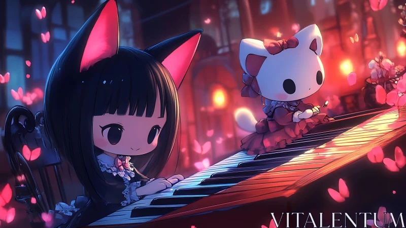 Cat-eared pianist and chibi kitten on glowing keys at dusk.