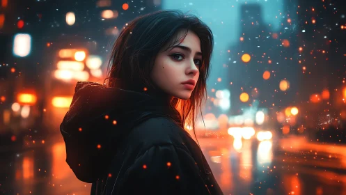 City lights and soft embers around a quiet midnight wanderer.