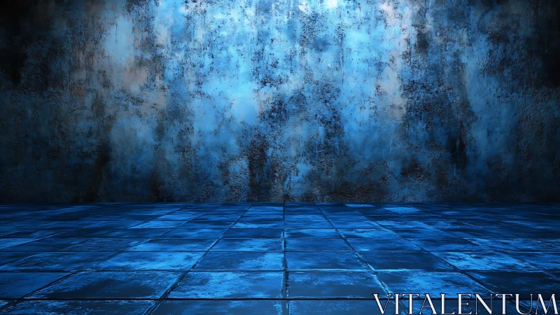 Blue tiled floor against textured wall in empty space.