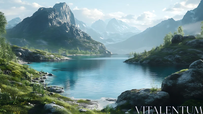 Mountain lake landscape with clear water and rocky slopes.