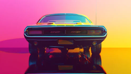 Rear view muscle car in saturated neon gradient light.
