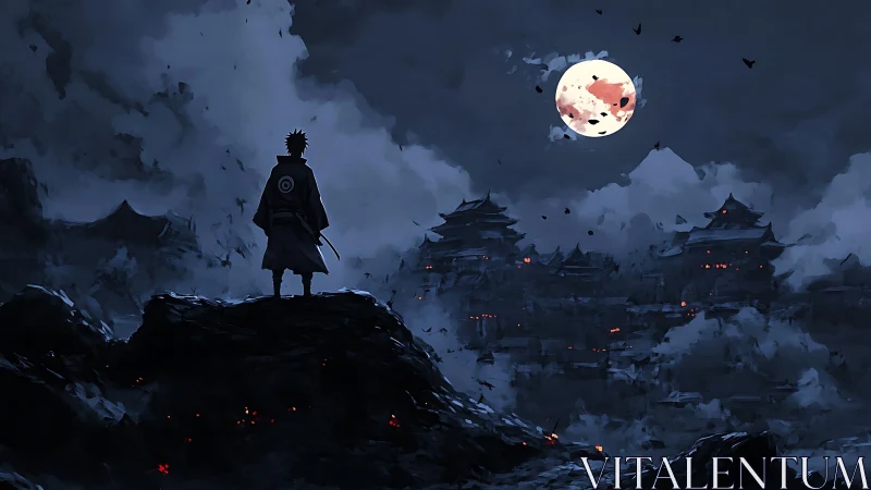 Lone swordsman overlooking burning samurai citadel at blood moon
