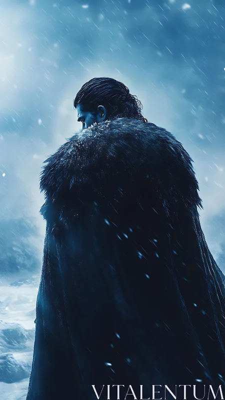 Lone cloaked warrior in blizzard-lit icy frontier profile.