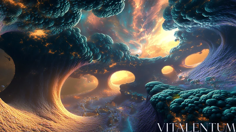 Surreal glowing cavern landscape with organic archways.