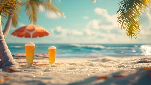 Beer glasses on sand with umbrella, palm fronds, and ocean horizon.