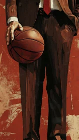 Basketball coach in tailored suit grips ball with authority.