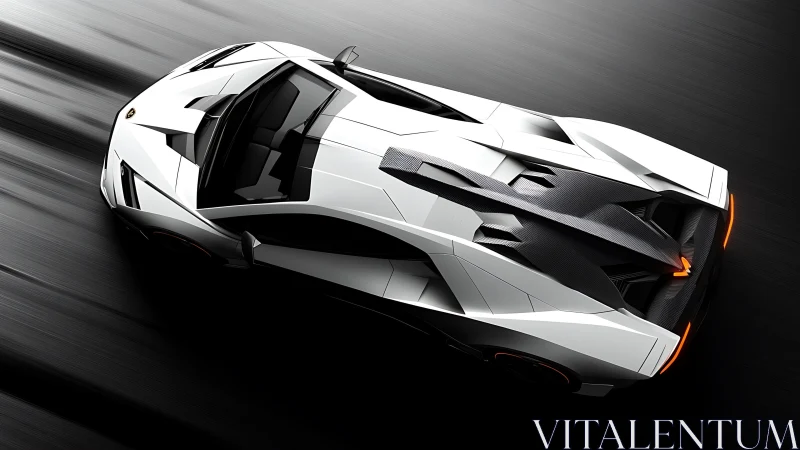 Top view shows white angular supercar on dark motion surface