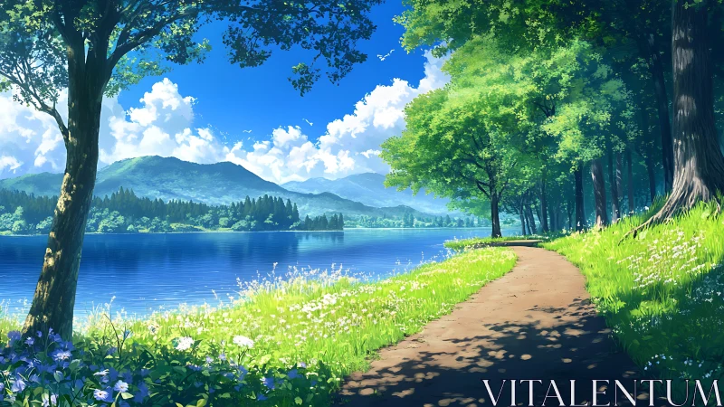 Lakeside forest path under clear blue summer sky.