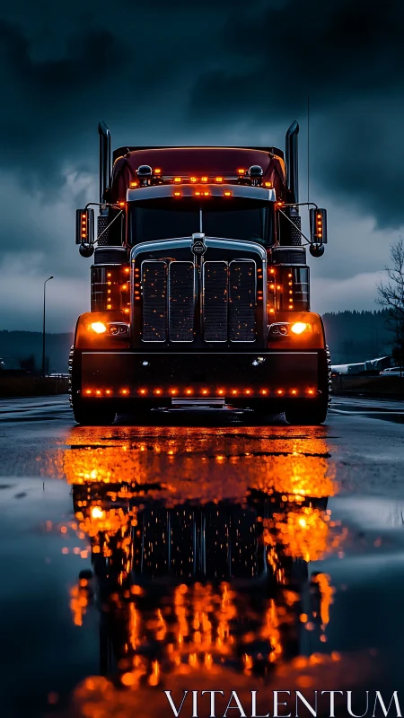Midnight highway titan crowned in molten neon rainlight.