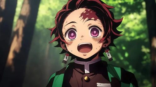 Anime swordsman portrait with expressive forest lighting.