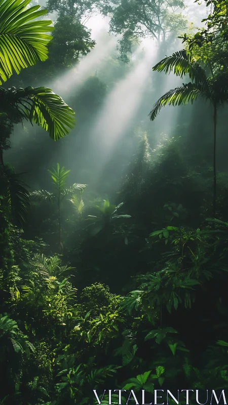 Misty tropical forest canopy with radiant light piercing dense vegetation