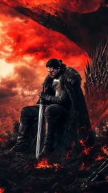 Brooding warrior rests by a fiery throne in blazing dusk.