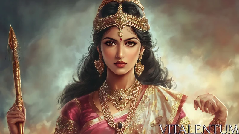 Regal warrior queen portrait with ornate Indic regalia.