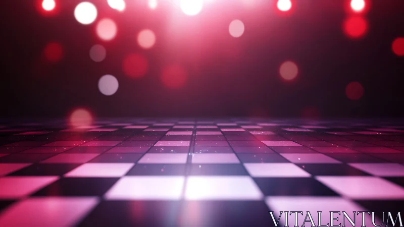 Neon-kissed checkerboard dance floor under dreamy pink haze.