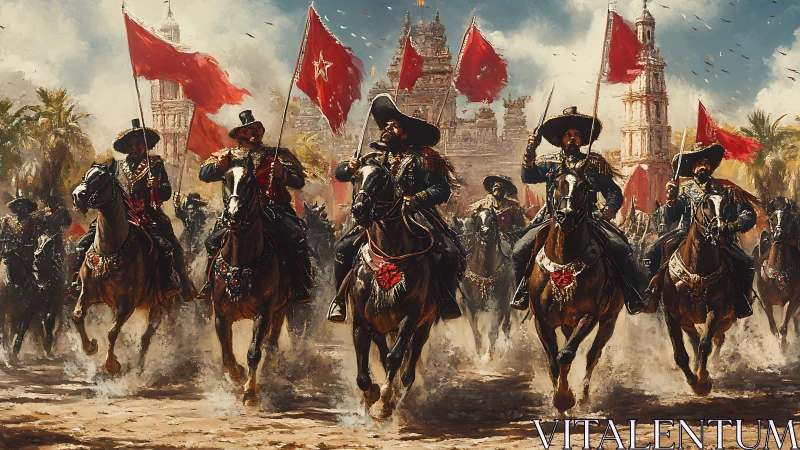Cavalry charge before ornate palace with red battle standards.