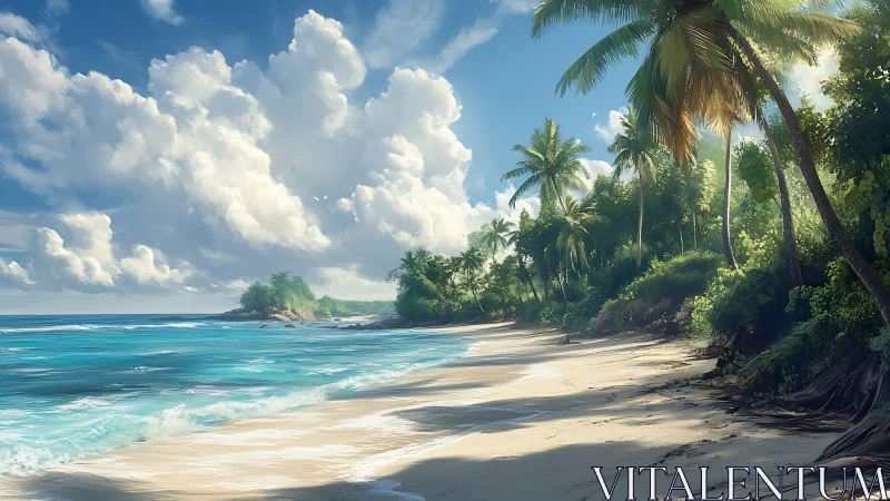 Tropical Coastal Landscape with Palm-Lined Sandy Beach and Turquoise Waters