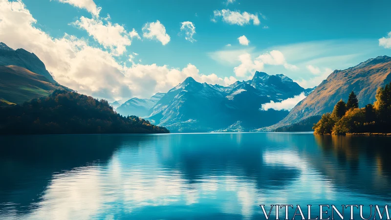 Mountain lake with clear reflections under bright sky.