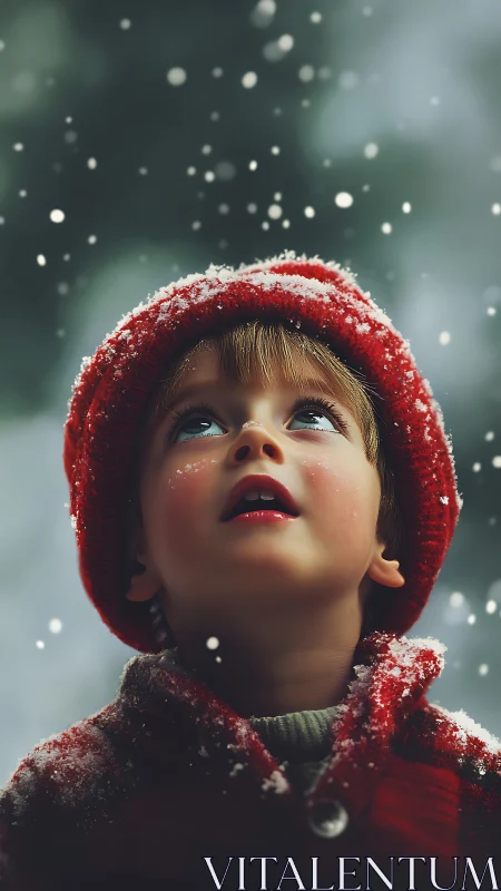 Child gazes upward in first snowfall with quiet wonder.