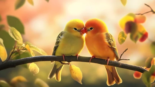 Two Colorful Lovebirds Perched on Branch in Soft Autumn Light.