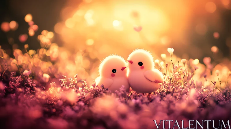Fluffy pastel chicks in golden bokeh spring meadow panorama.