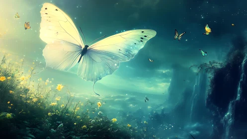 Gentle moonlit butterfly drifts above a glowing meadow dream