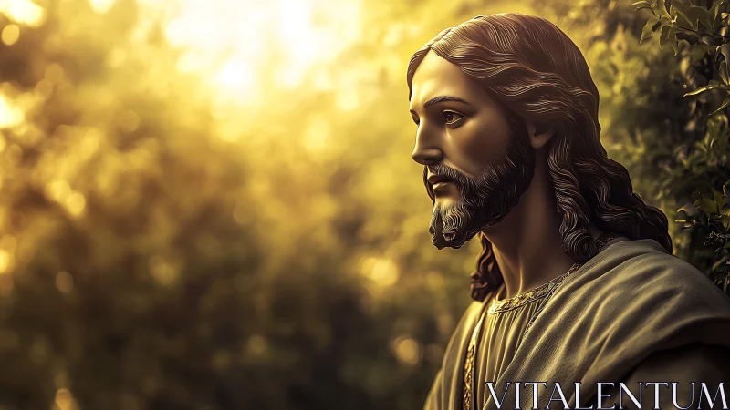 Profile portrait of robed bearded figure in golden bokeh light.