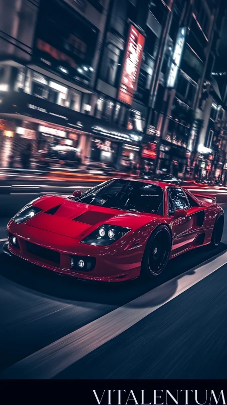 Scarlet supercar racing through neon-soaked city streets.